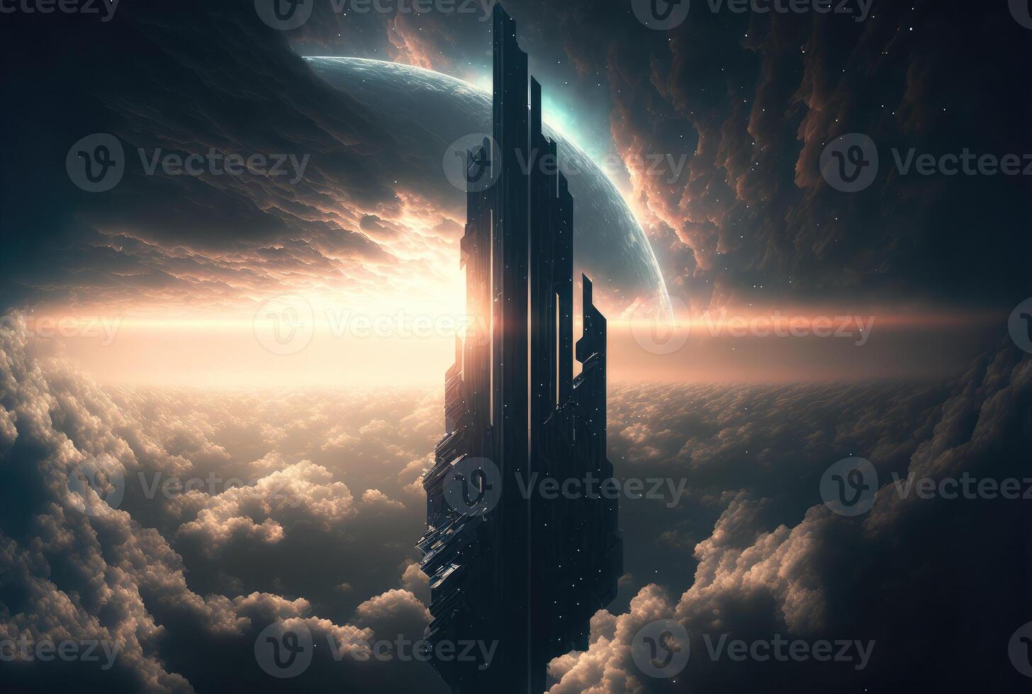 Futuristic skyscraper above the clouds. photo