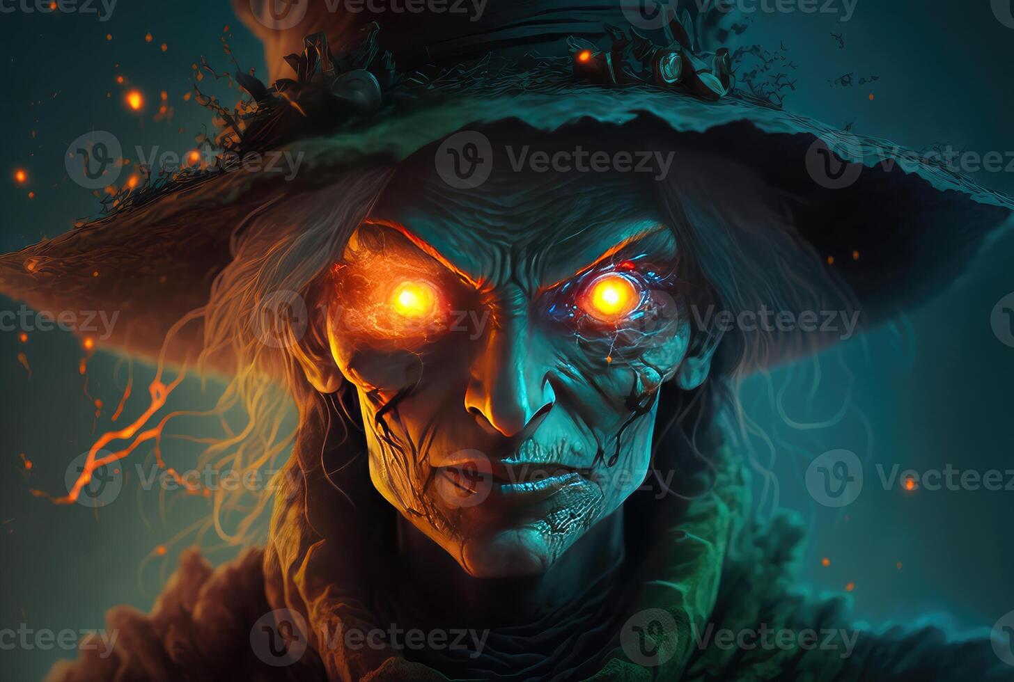 Scary witch with glowing eyes. photo