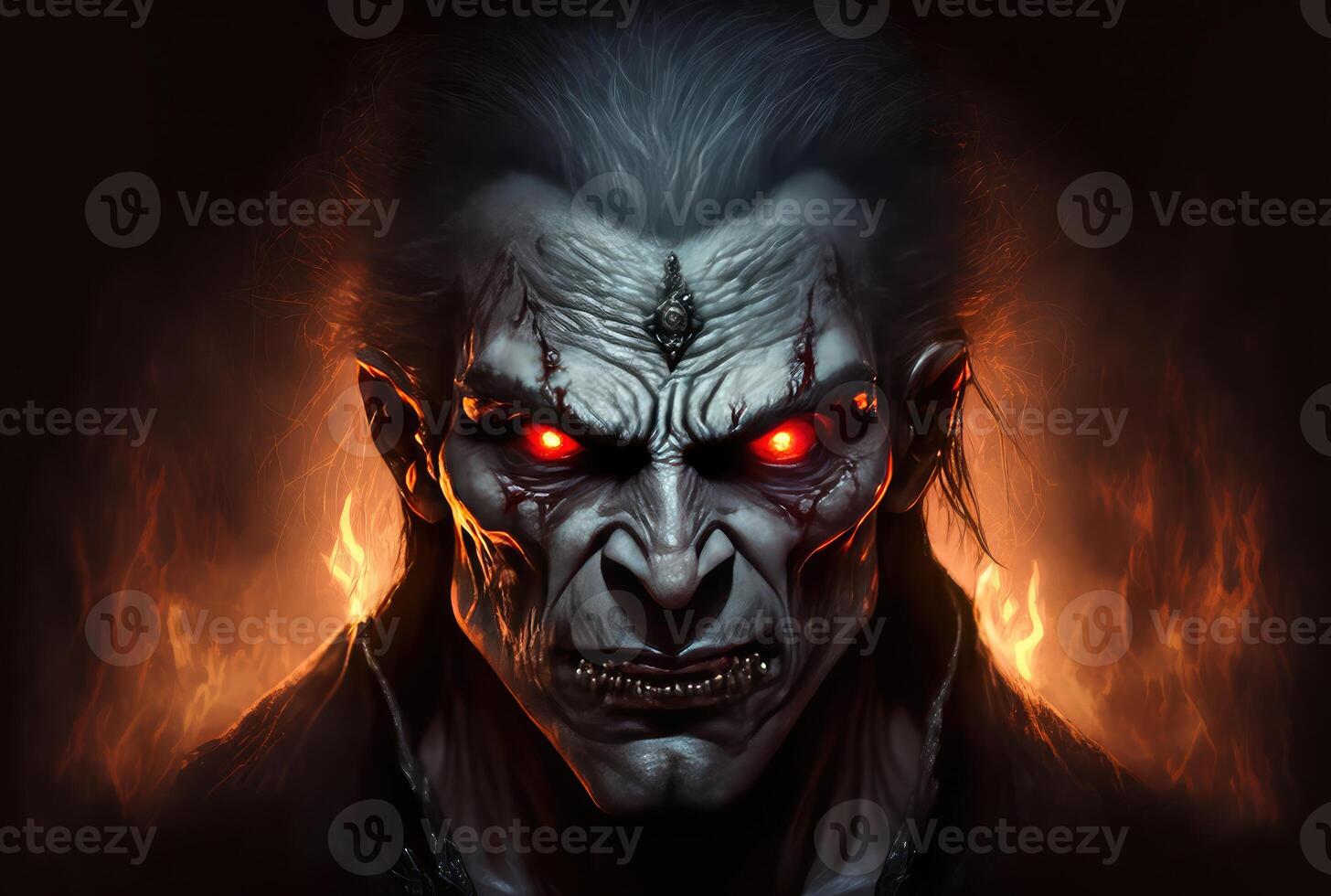 Vampire with glowing eyes against a fire background. photo