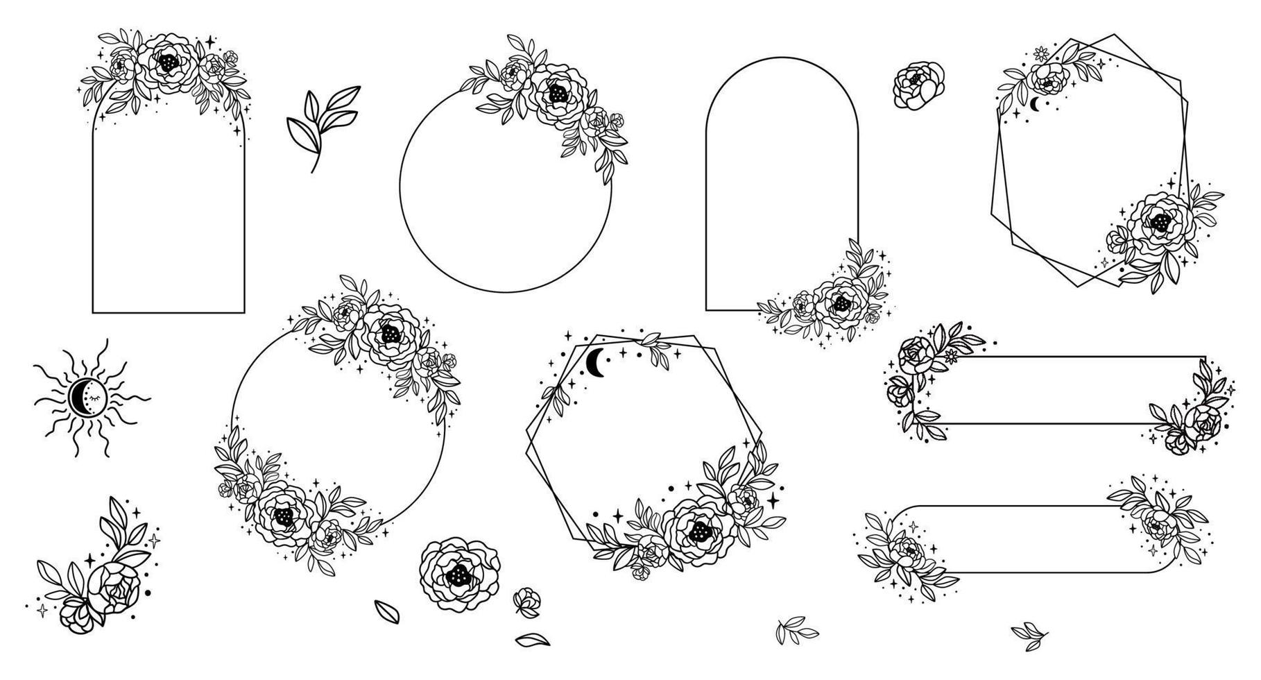 Line art celestial frame set floral bouquet, stars moon. Outline black geometric borders decorated leaves. Vector botanical graphic element collection. Esoteric linear illustration for wedding card.