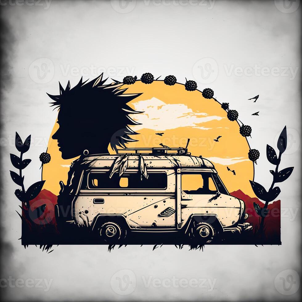 . . Abstract graphic psycho graffiti with the camper rv van boy and flowers. Inspired by old vintage art and Banksy style. Graphic Art Illustration. photo