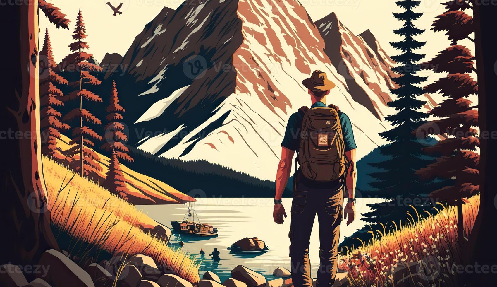 ai generado. generativo ai. aventuras al aire libre naturaleza motivacional póster con hombre en pie en fron de un montaña. gráfico Arte foto