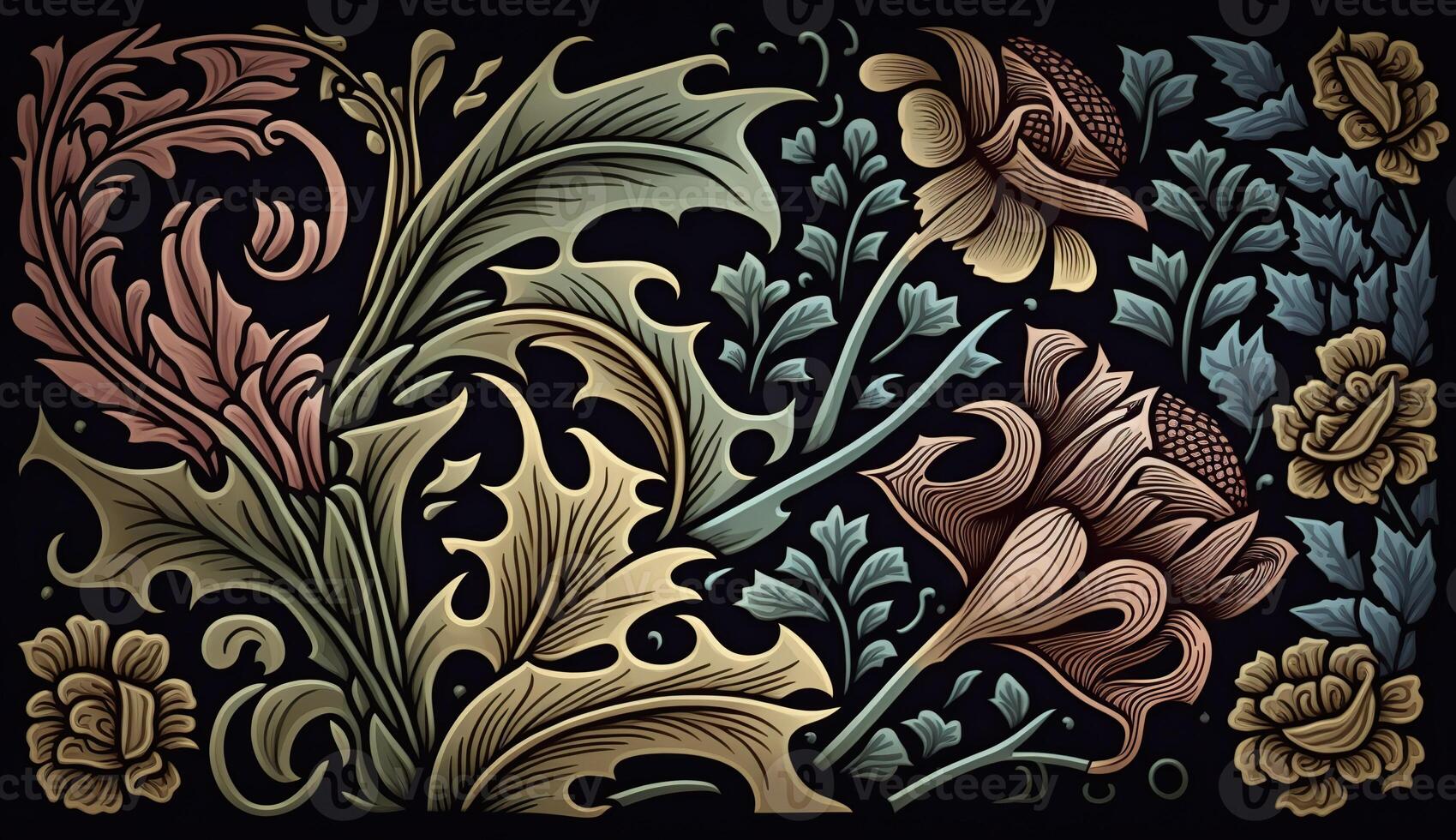 ai generado. generativo ai. floral modelo papel pintado flores y hojas lata ser usado delantero decoración. inspirado por el estilo de Guillermo morris. color ilustración. foto