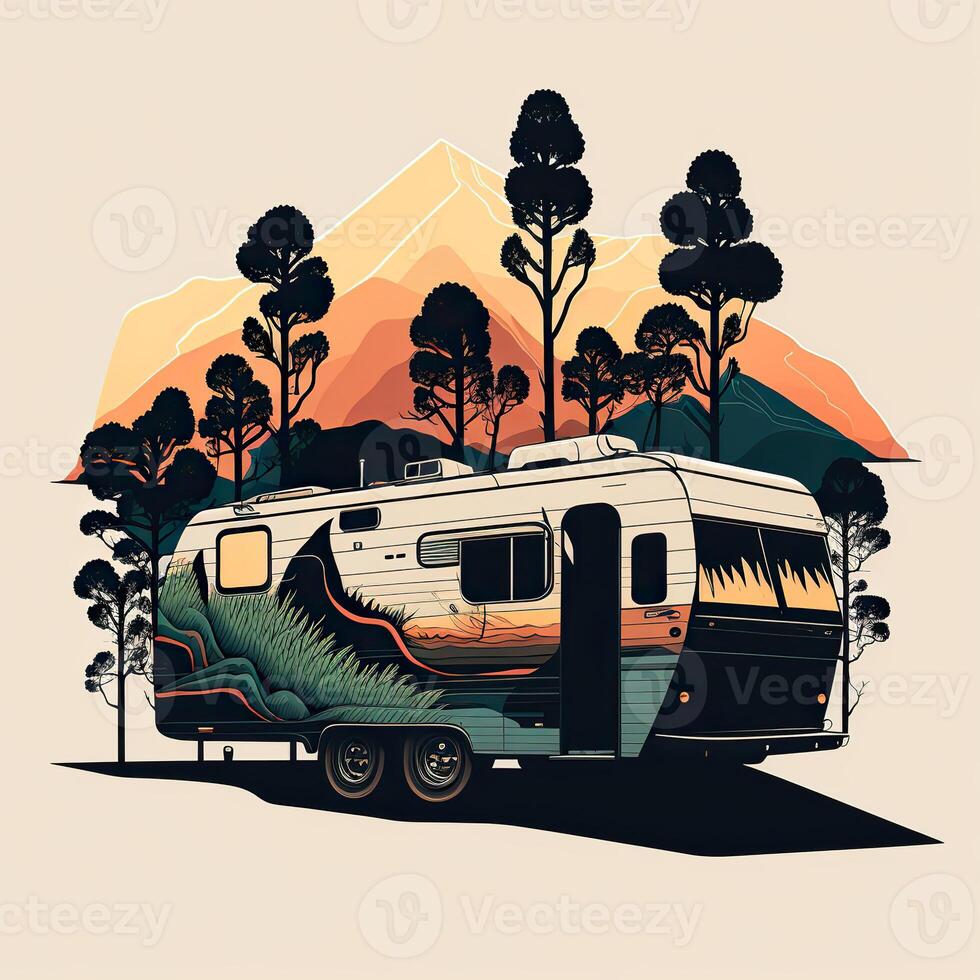 . . Vintage Retro camper rv home truck. Adventure trip journy motivational poster. Can be used for decoration and inspiration. Graphic Art Illustration. photo