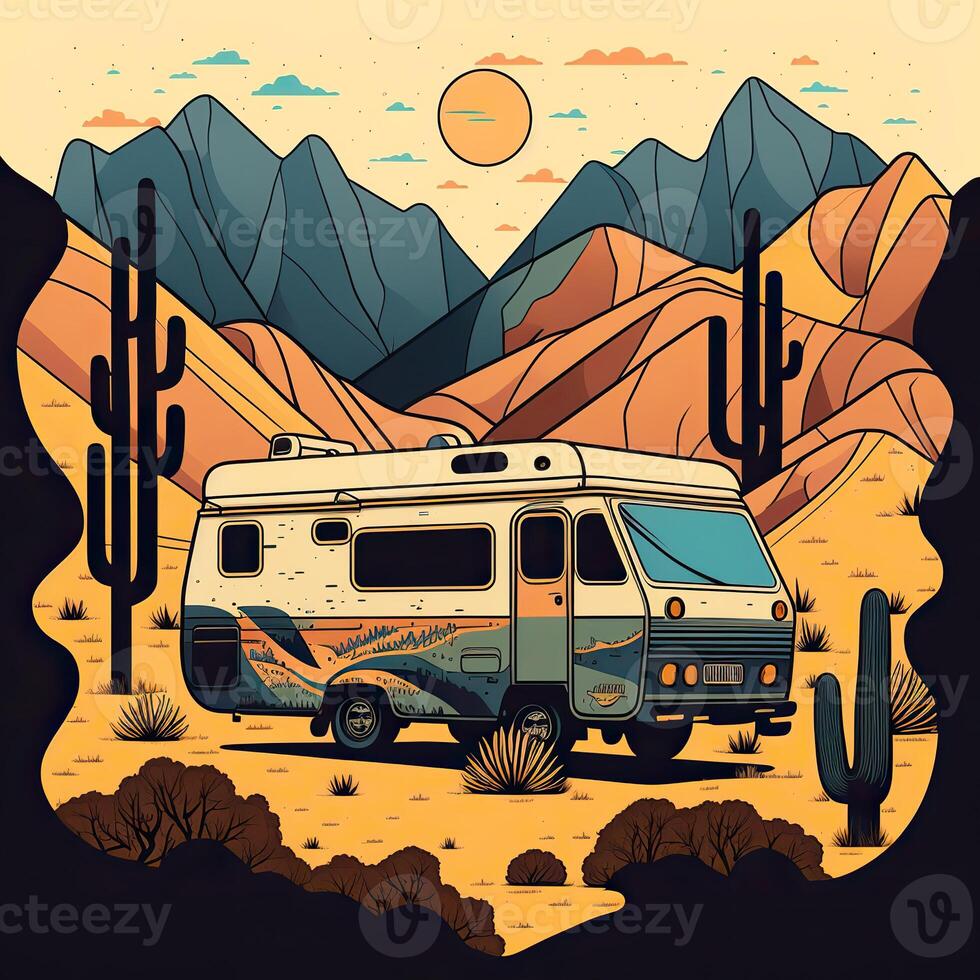 . . Vintage Retro camper rv home truck. Adventure trip journy motivational poster. Can be used for decoration and inspiration. Graphic Art Illustration. photo