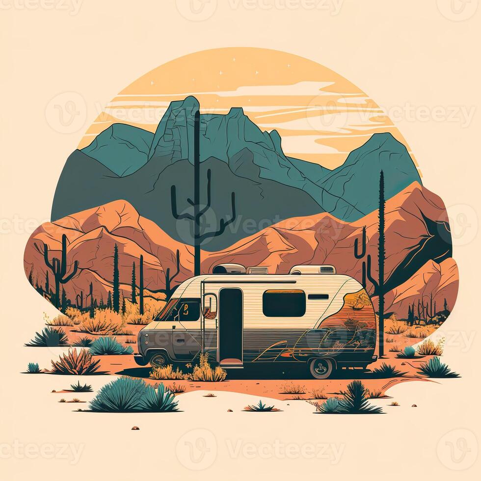 . . Vintage Retro camper rv home truck. Adventure trip journy motivational poster. Can be used for decoration and inspiration. Graphic Art Illustration. photo
