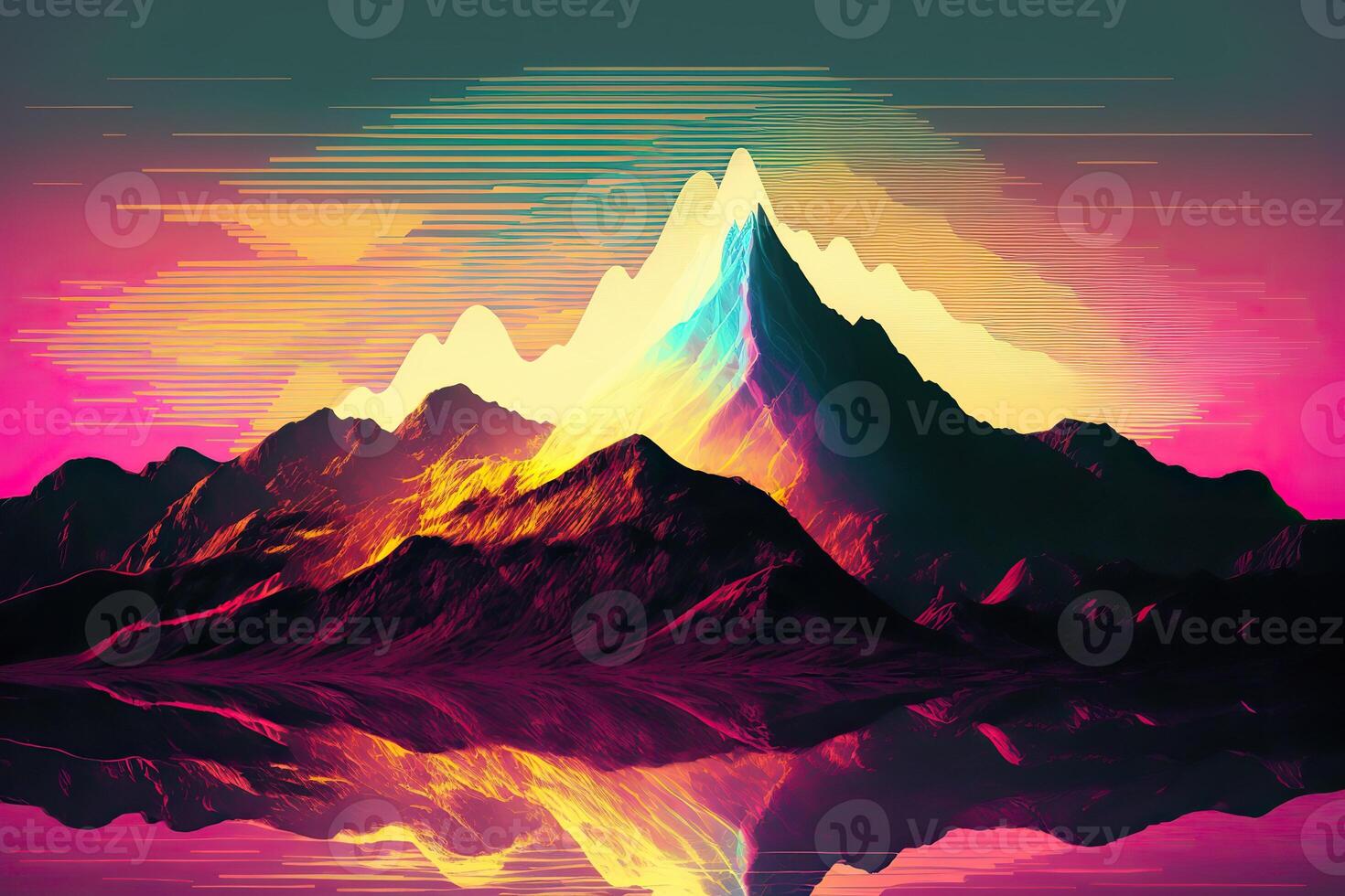 . . Syntwave Mountains. Future Adventure Exploration. Can be used for decoration. Illustration in cyberpunk style. photo