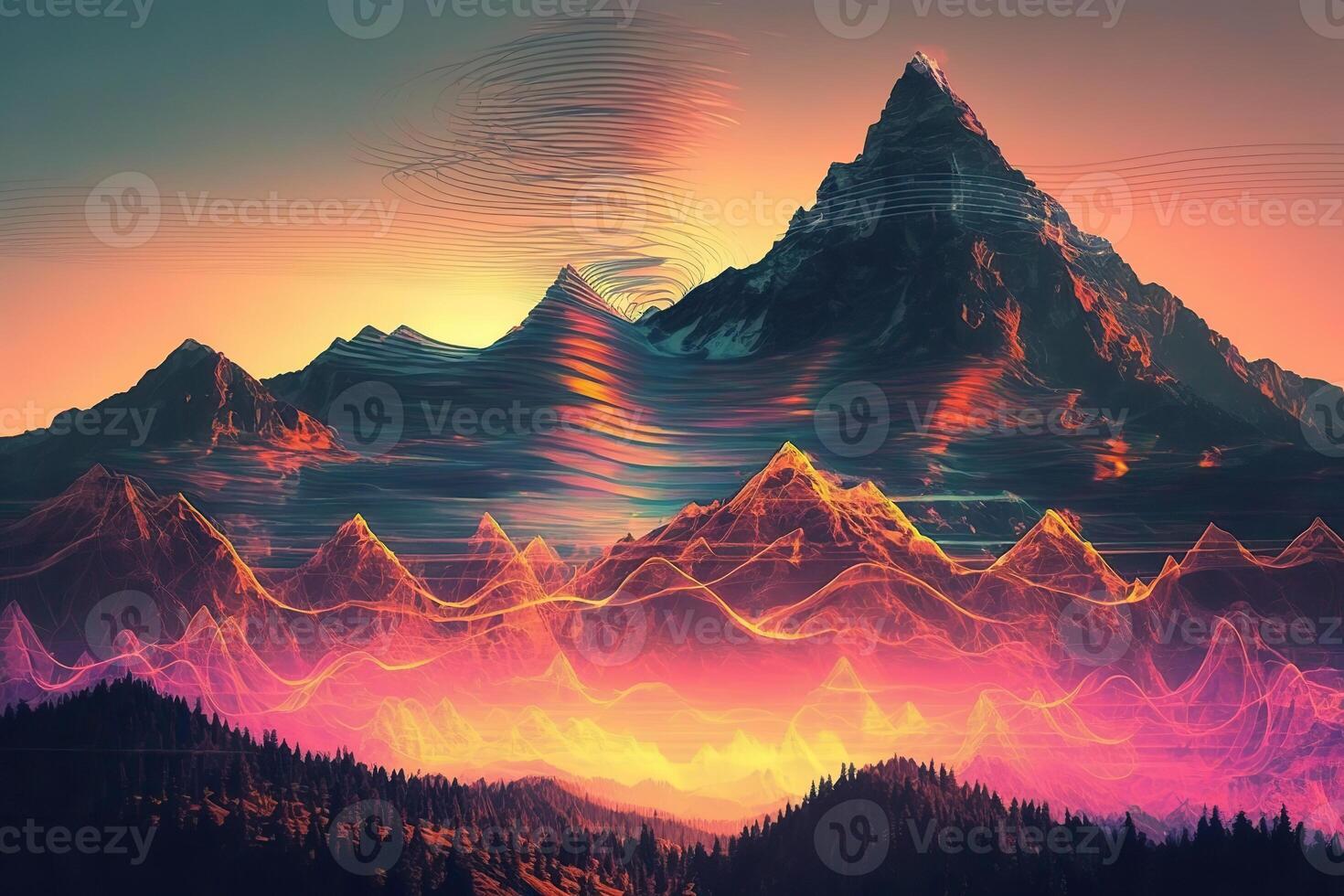 . . Syntwave Mountains. Future Adventure Exploration. Can be used for decoration. Illustration in cyberpunk style. photo