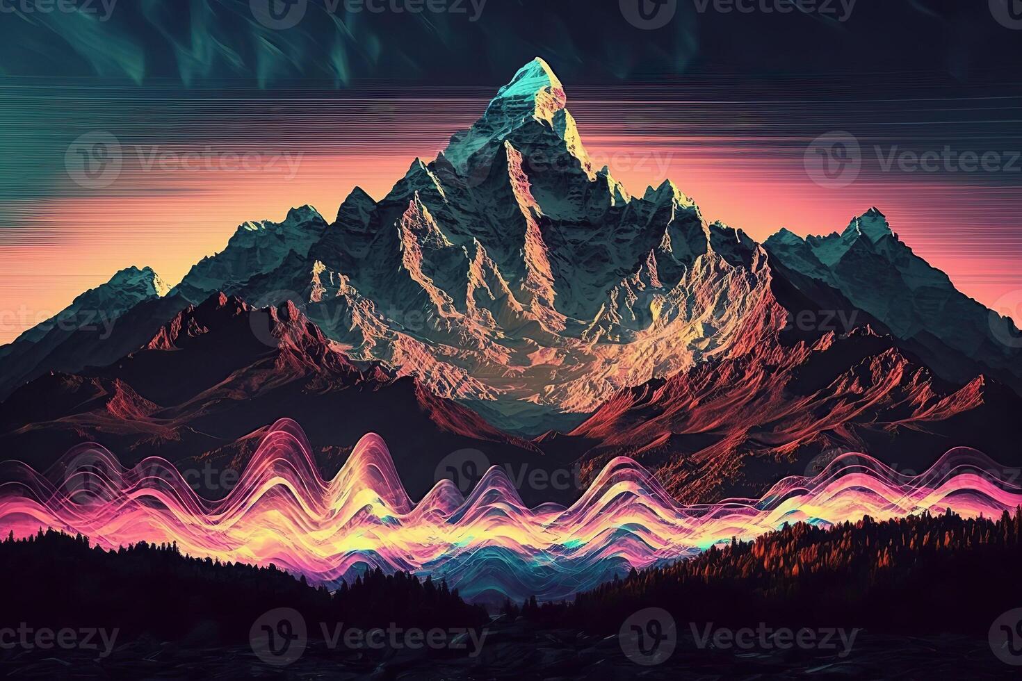 . . Syntwave Mountains. Future Adventure Exploration. Can be used for decoration. Illustration in cyberpunk style. photo