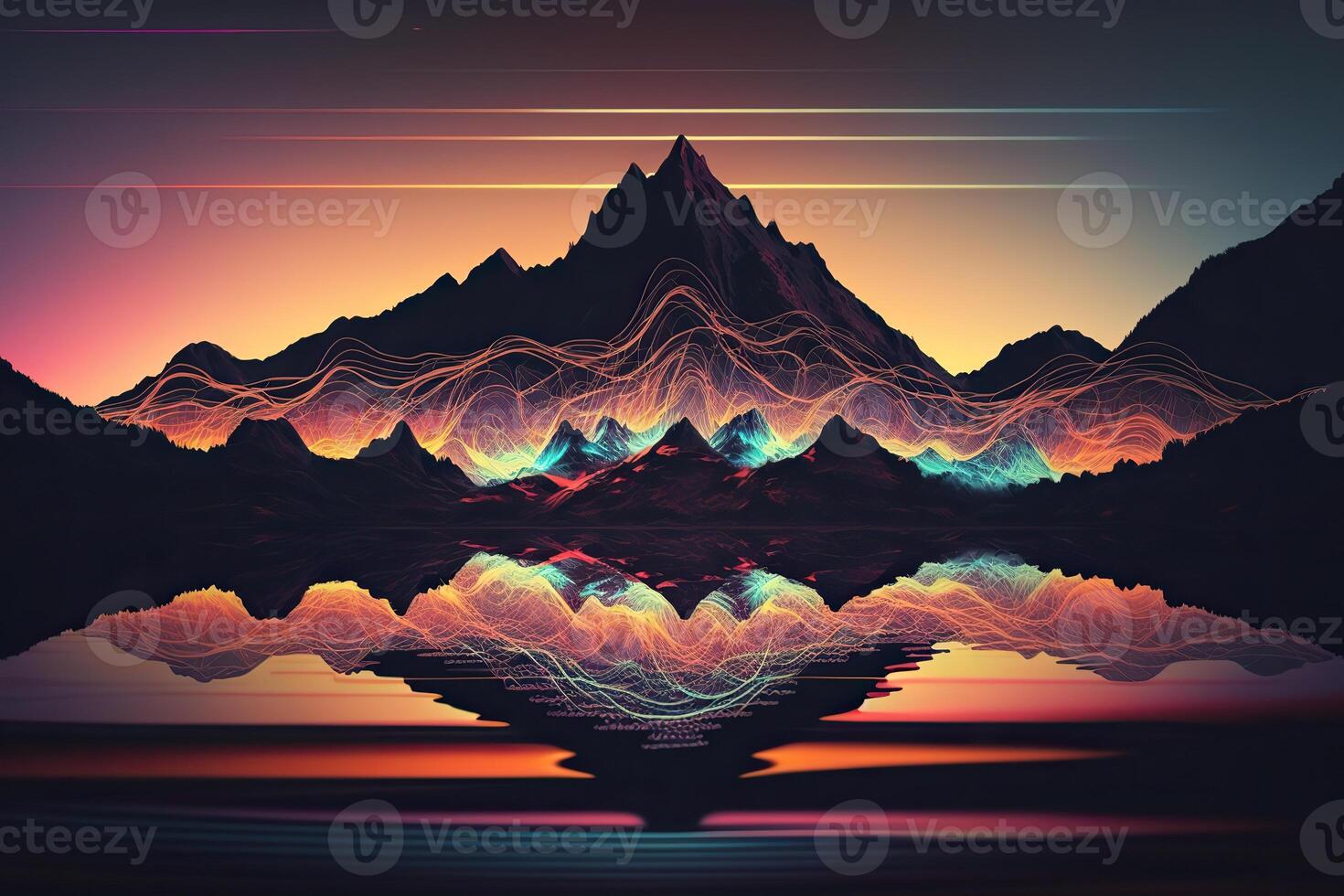 . . Syntwave Mountains. Future Adventure Exploration. Can be used for decoration. Illustration in cyberpunk style. photo