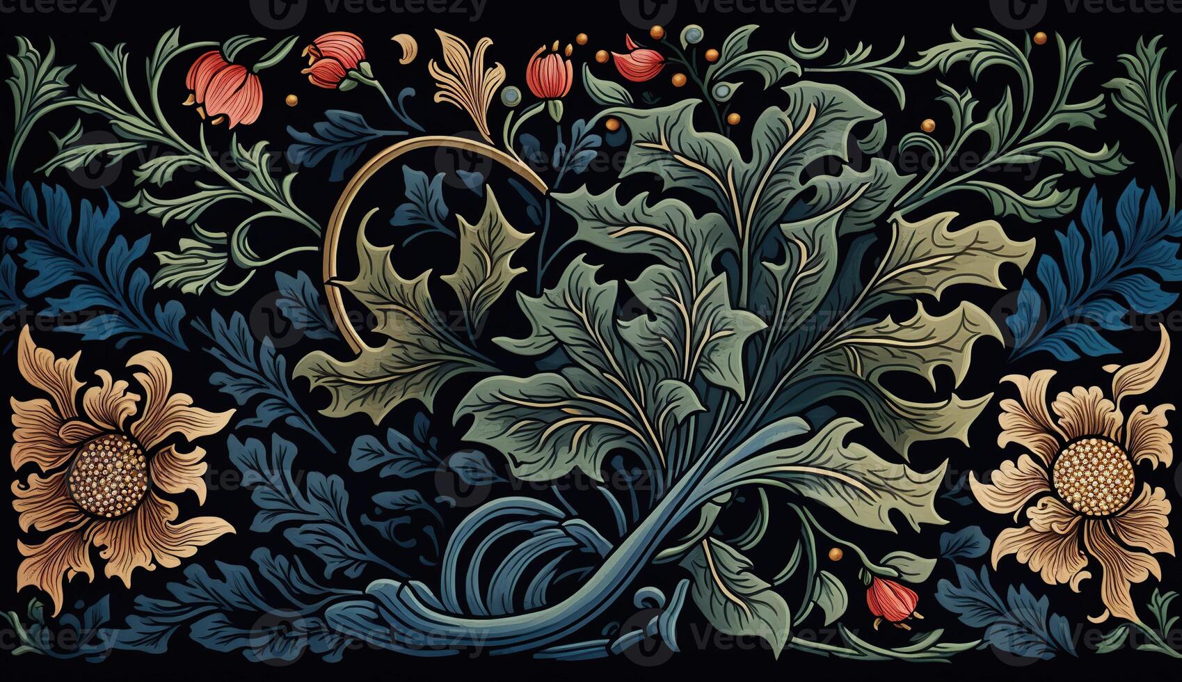 . . Floral pattern wallpapper. Flowers and leafes. Can be used fore decoration. Inpired by the style of William Morris. Color Illustration. photo