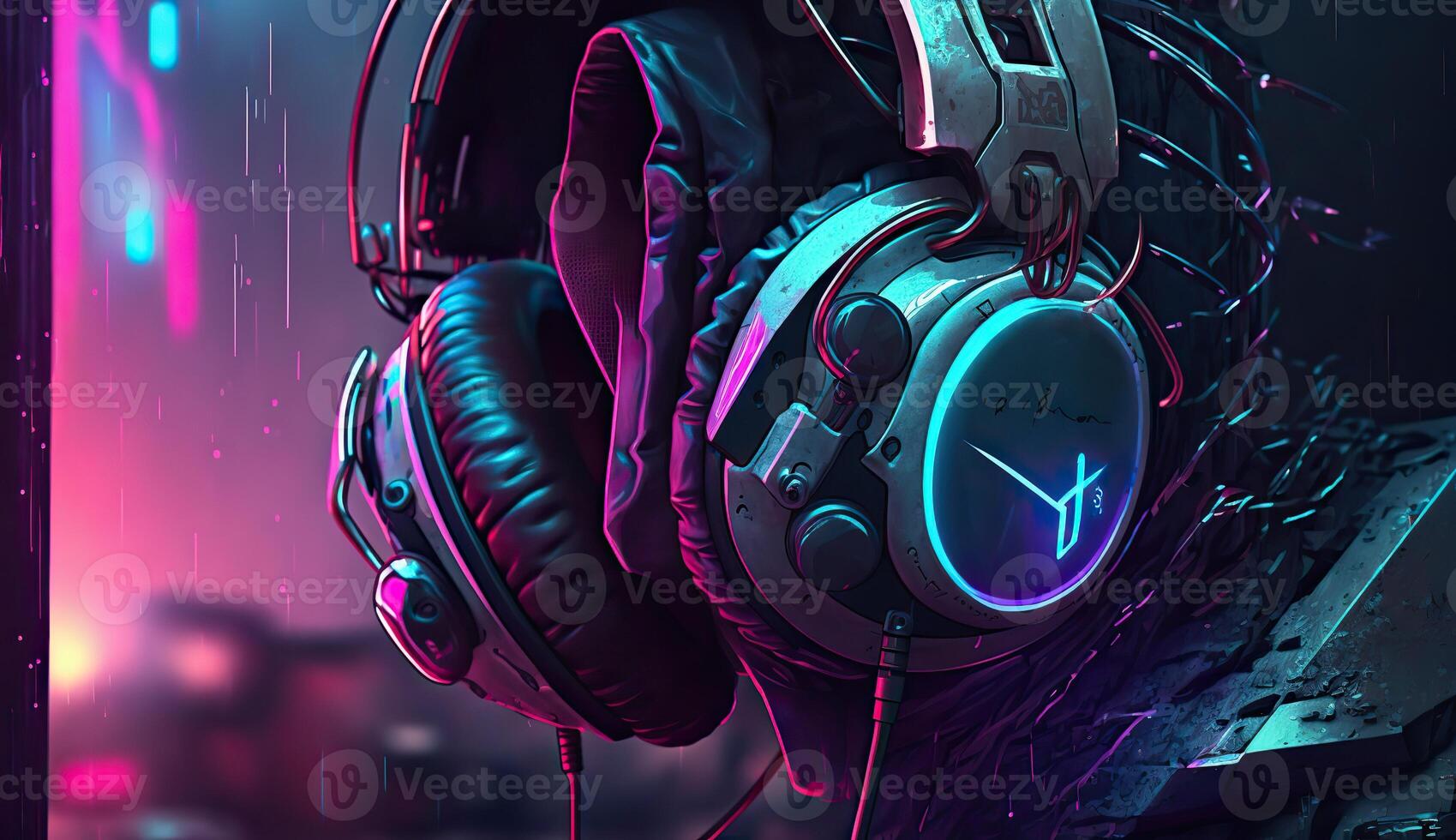 . . Cyberpunk Sunthwave Headphones. Future inspirational. Graphic Art photo