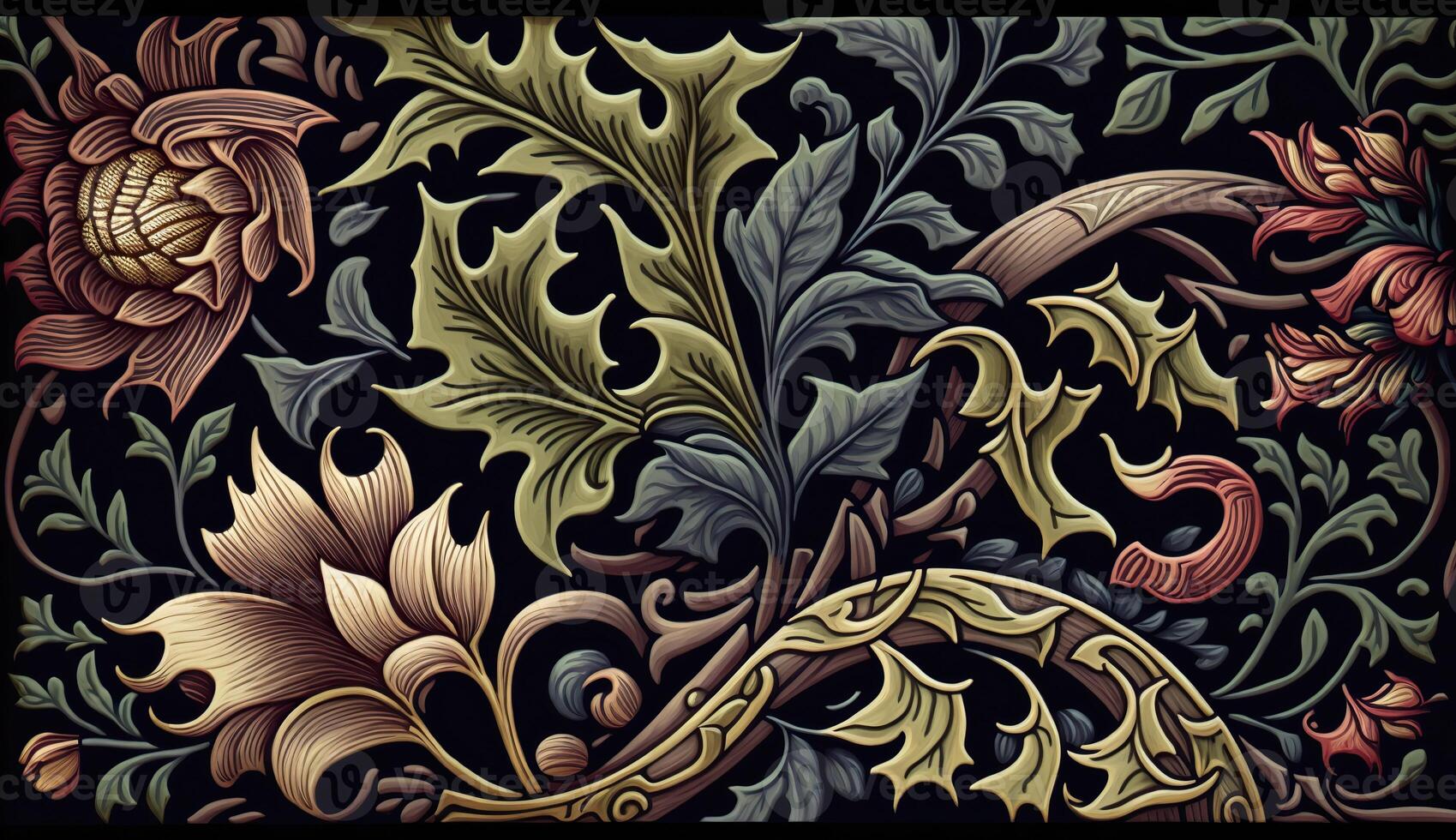 . . Floral pattern wallpapper. Flowers and leafes. Can be used fore decoration. Inpired by the style of William Morris. Color Illustration. photo