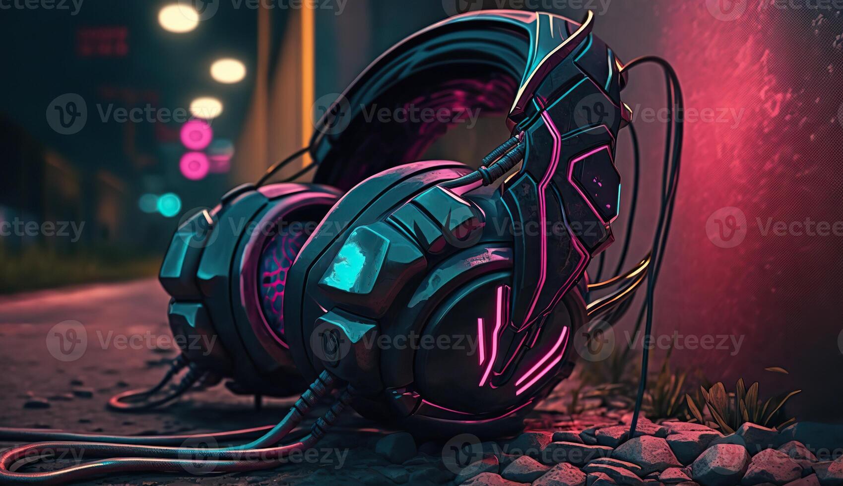 . . Cyberpunk Sunthwave Headphones. Future inspirational. Graphic Art photo