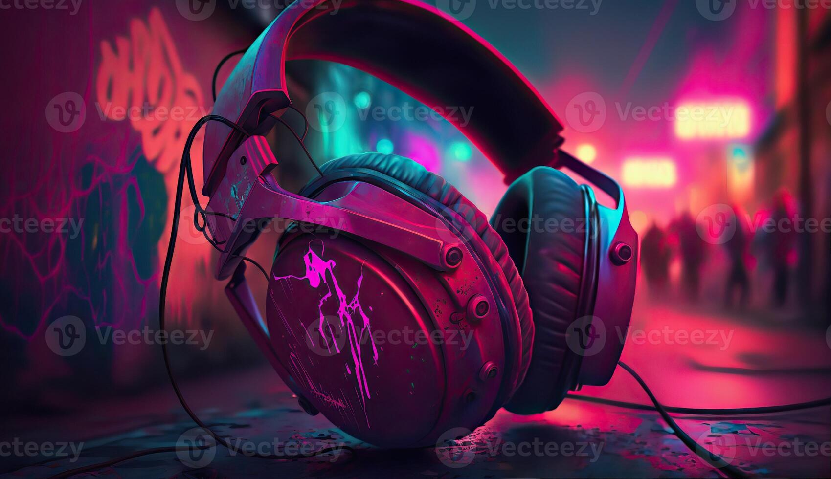 . . Cyberpunk Sunthwave Headphones. Future inspirational. Graphic Art photo