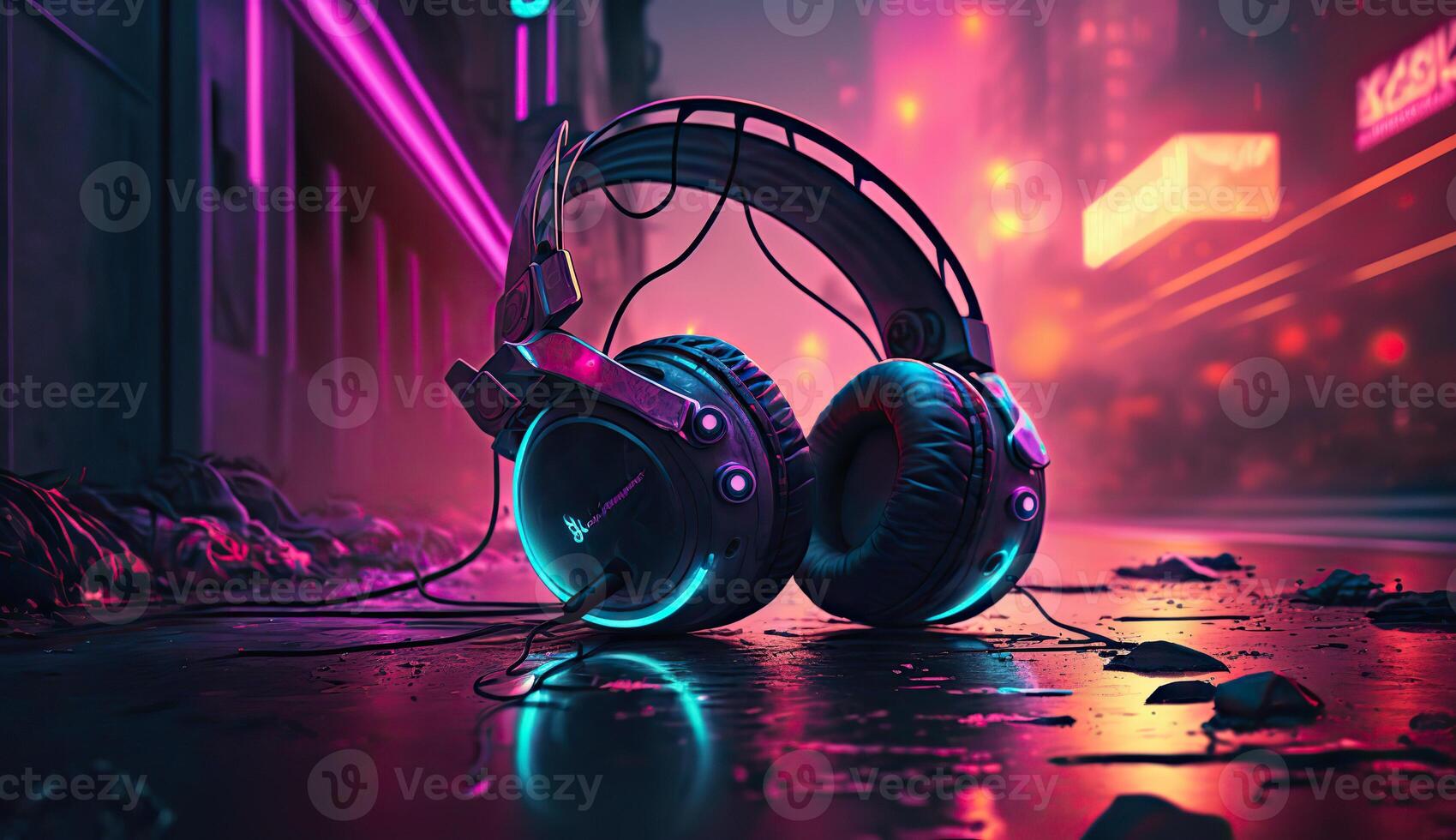 . . Cyberpunk Sunthwave Headphones. Future inspirational. Graphic Art photo