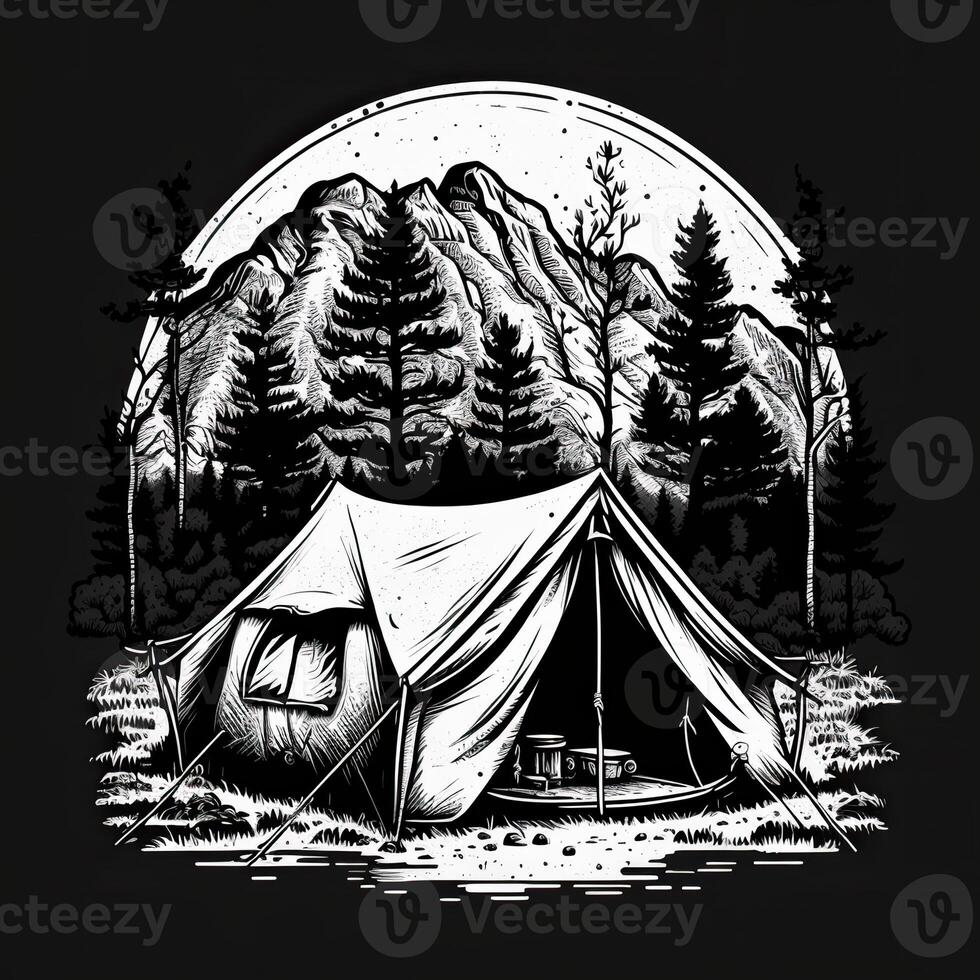 . . Vintage Retro camping tent in engraving style. Adventure trip journy motivational poster. Can be used for decoration and inspiration. Graphic Art Illustration. photo