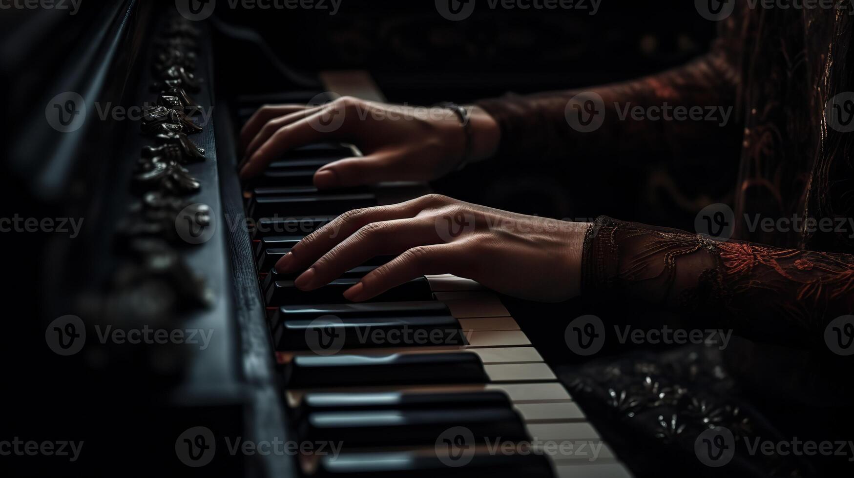 . . Music retro vintage piano with hands. Inspiration melody. Graphic Art Illustration. photo