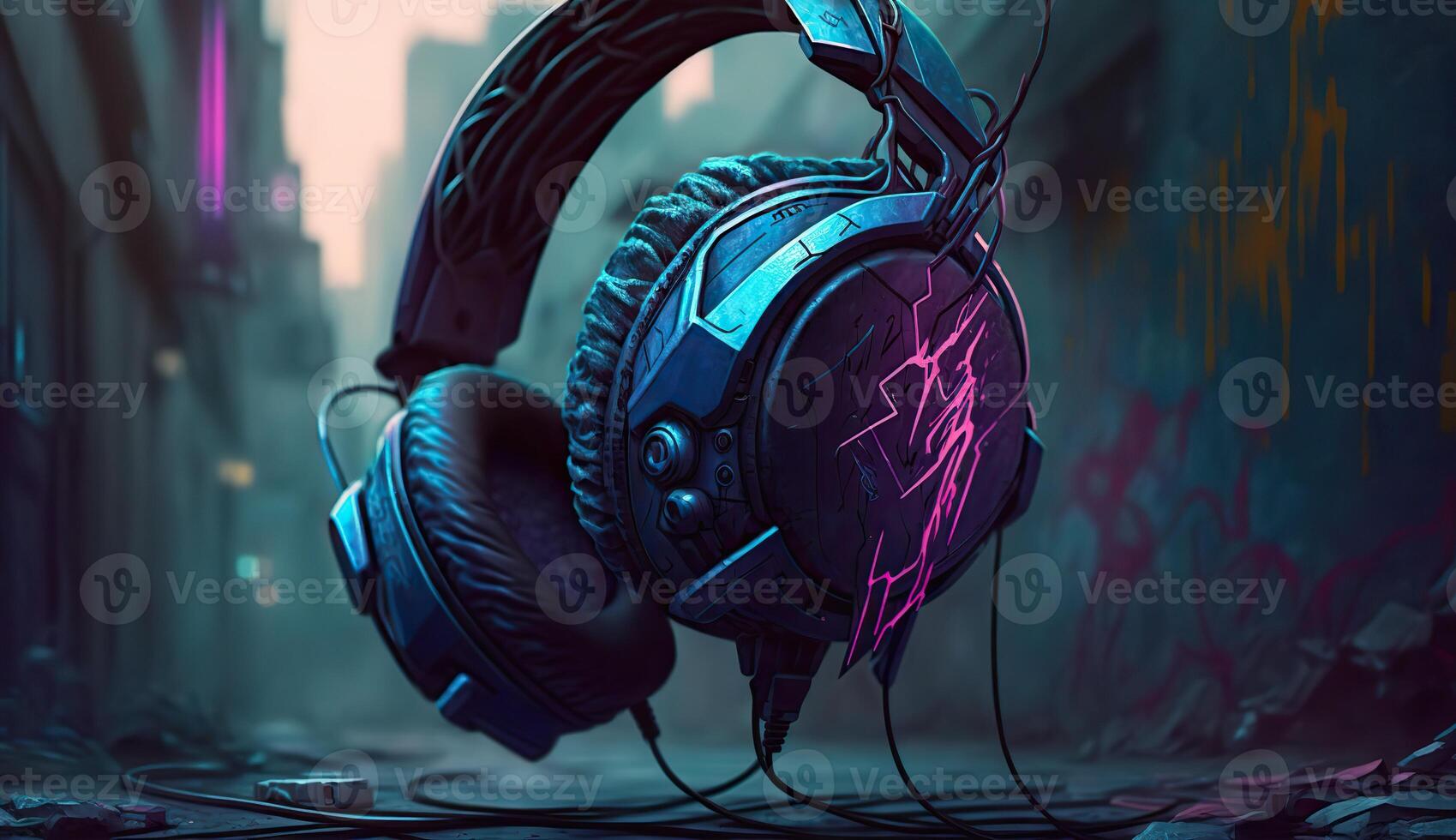 . . Cyberpunk Sunthwave Headphones. Future inspirational. Graphic Art photo