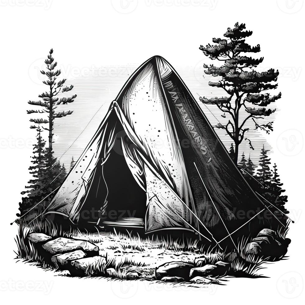 . . Vintage Retro camping tent in engraving style. Adventure trip journy motivational poster. Can be used for decoration and inspiration. Graphic Art Illustration. photo