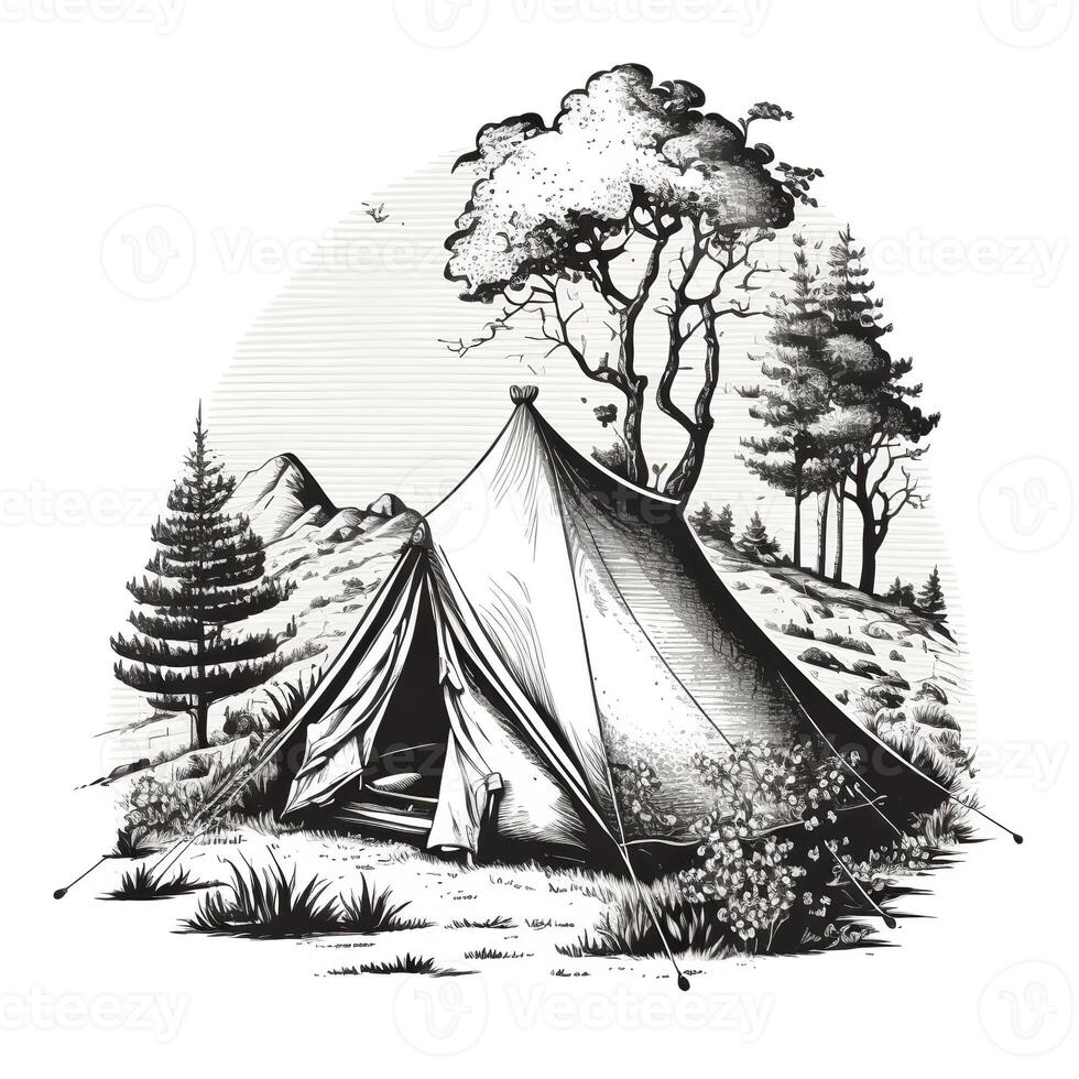 . . Vintage Retro camping tent in engraving style. Adventure trip journy motivational poster. Can be used for decoration and inspiration. Graphic Art Illustration. photo