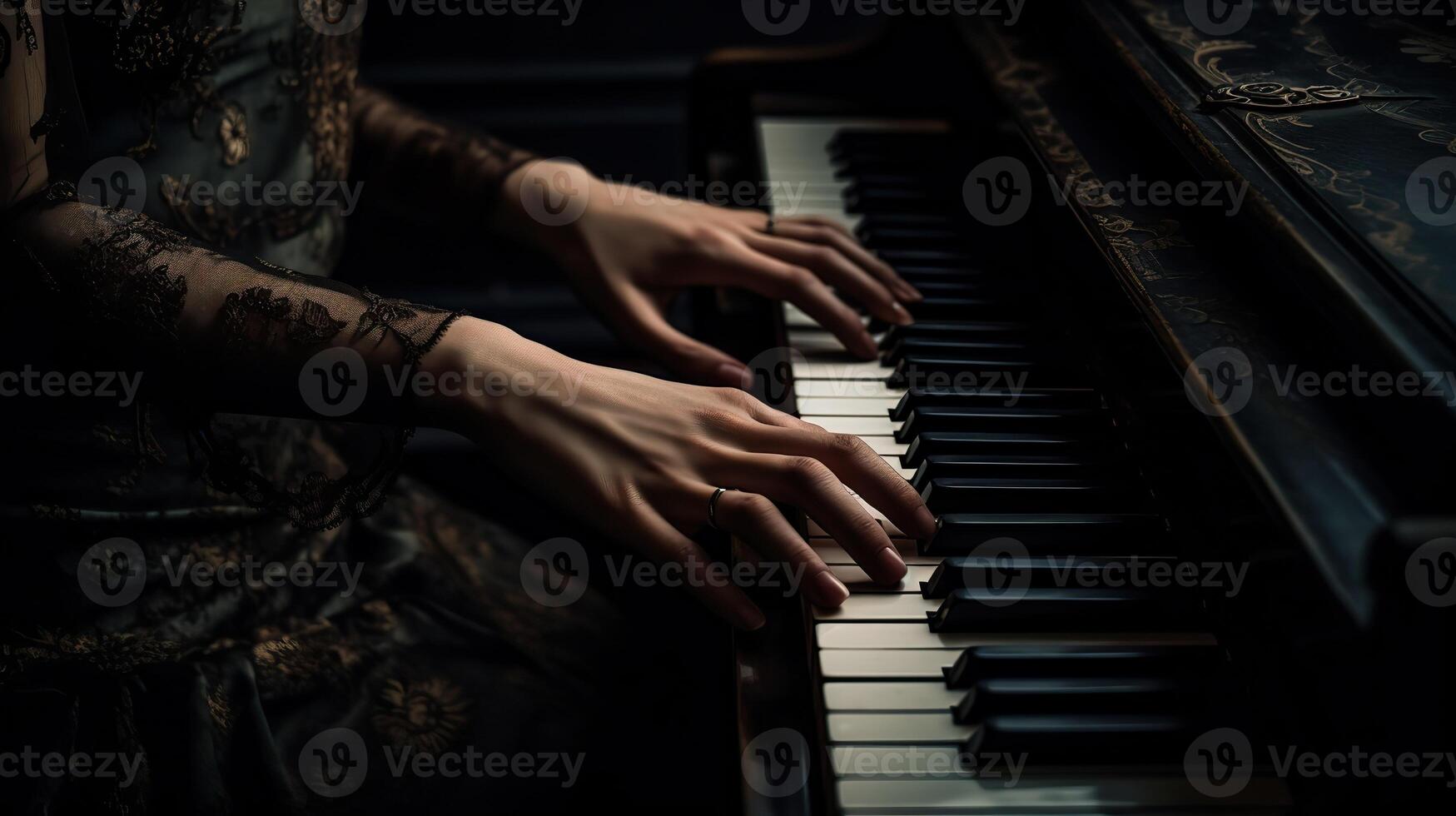 . . Music retro vintage piano with hands. Inspiration melody. Graphic Art Illustration. photo