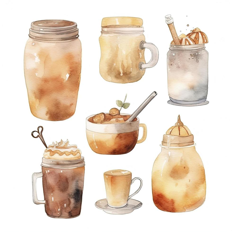 watercolor sketch of cute coffee drink objects on white background, Generate Ai photo