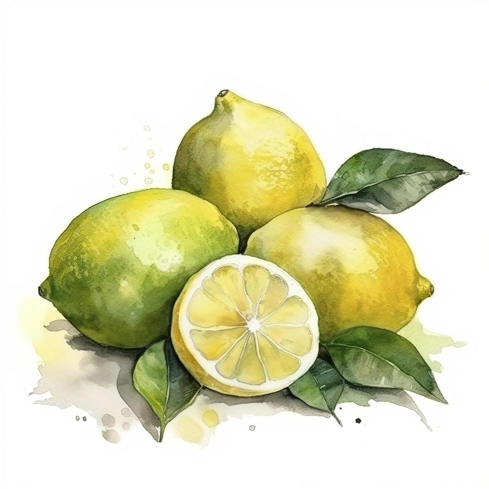 watercolor painting of four lemons on white background, Generate Ai photo