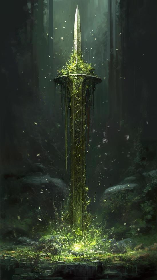 a large picture of a green sword, in the style of melting, dark themes, michal lisowski, uhd image, aquarellist, herb trimpe, generat ai photo