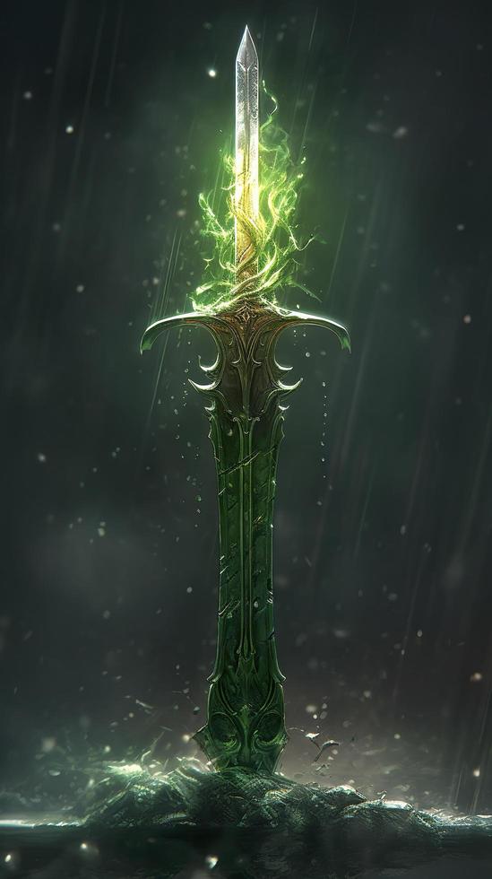 a large picture of a green sword, in the style of melting, dark themes, michal lisowski, uhd image, aquarellist, herb trimpe, generat ai photo