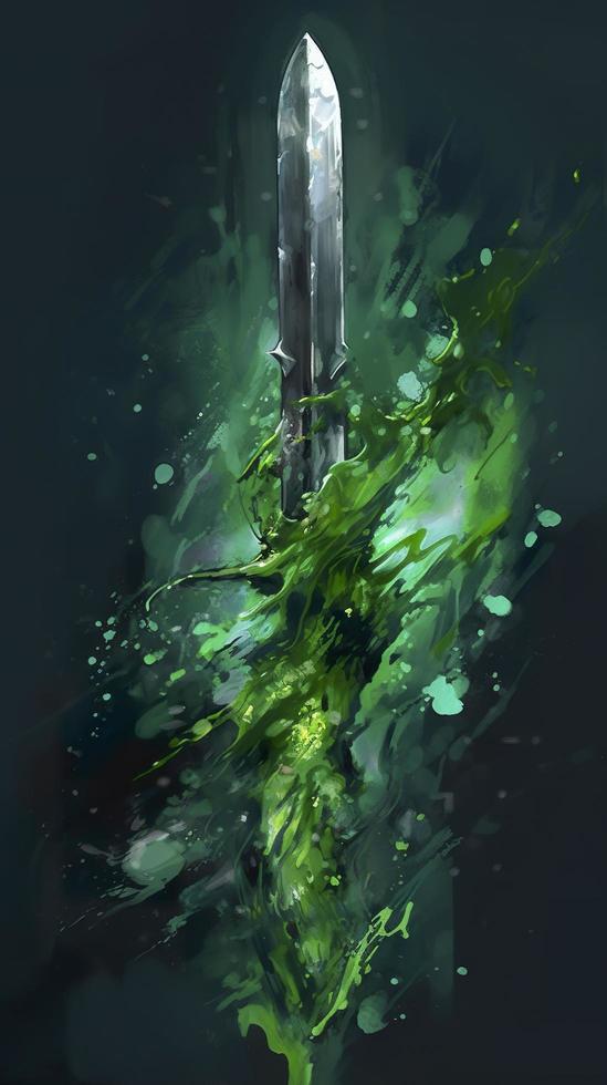 a large picture of a green sword, in the style of melting, dark themes, michal lisowski, uhd image, aquarellist, herb trimpe, generat ai photo