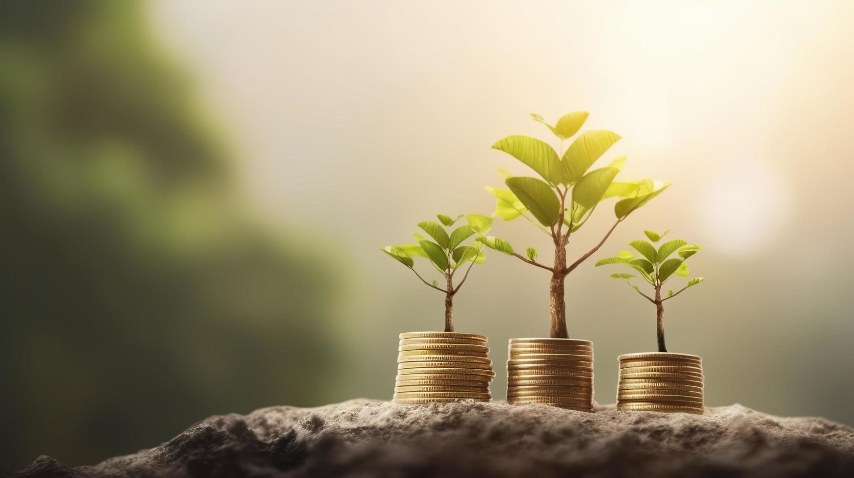 Tree growing on coins and light bulb concept saving money with energy, generat ai photo