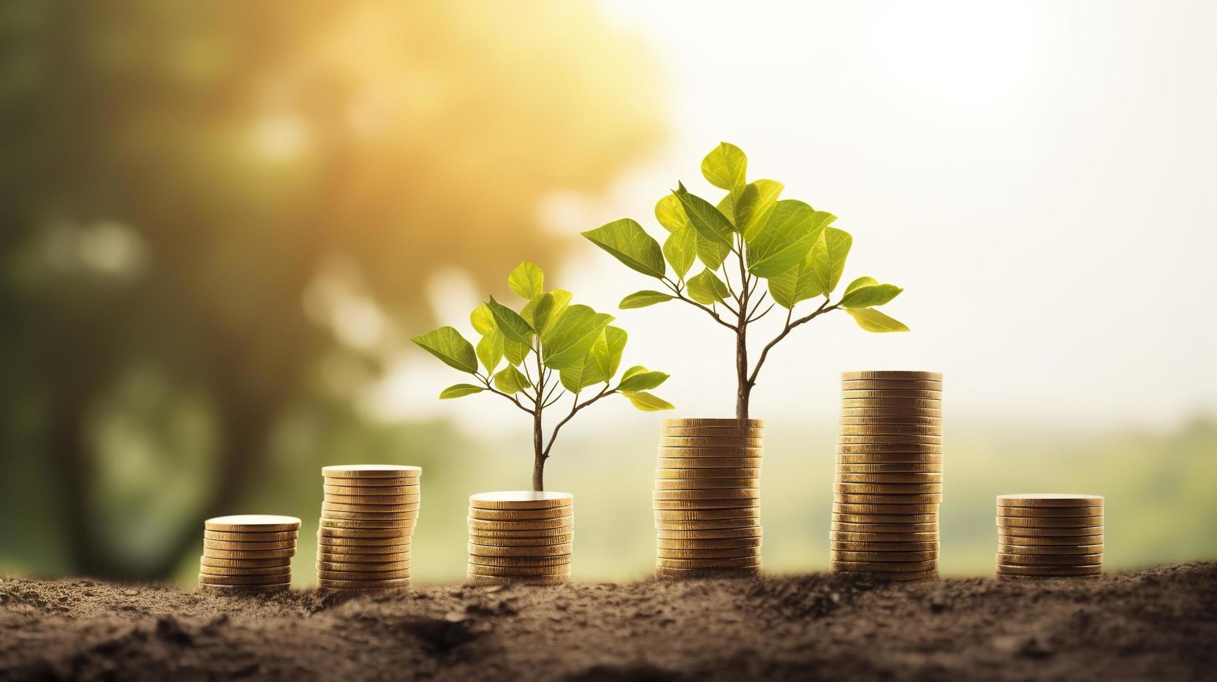 Tree growing on coins and light bulb concept saving money with energy, generat ai photo