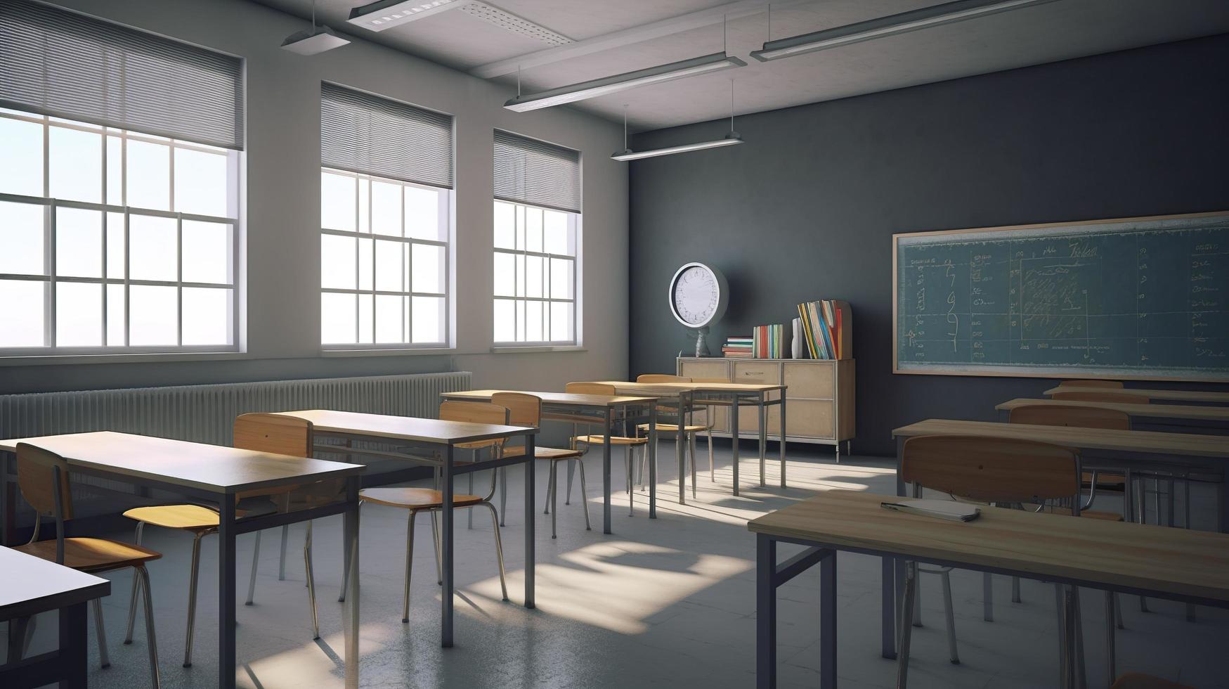 Photo school classroom with chairsdesks and chalkboard, generat ai