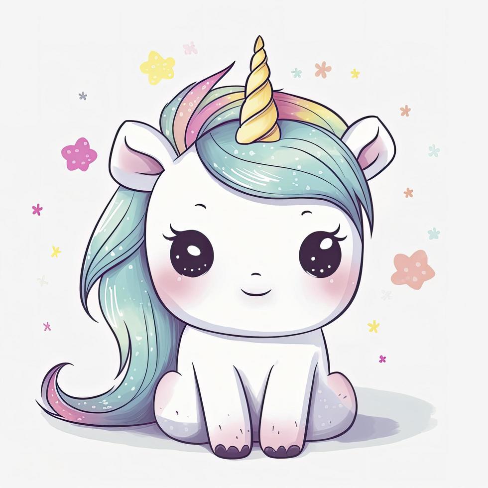 linda unicornio, blanco fondo, acortar arte, pastel colores, generar ai foto