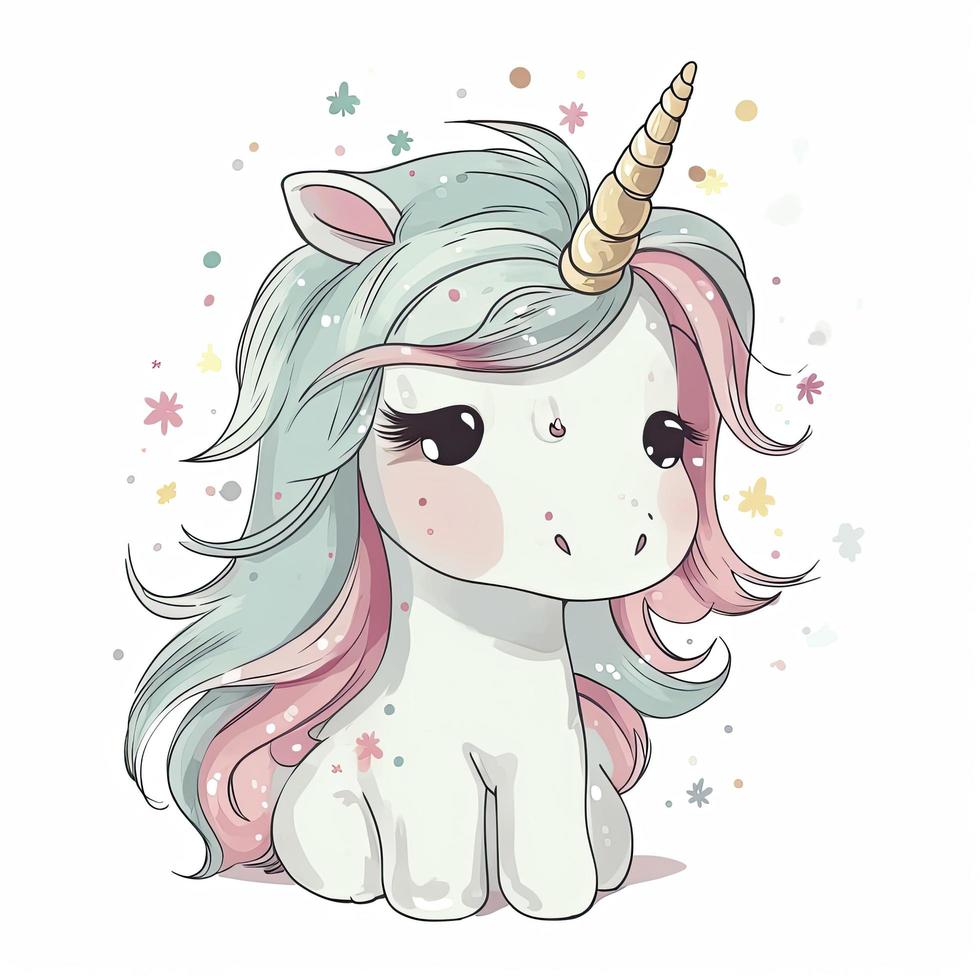 linda unicornio, blanco fondo, acortar arte, pastel colores, generar ai foto