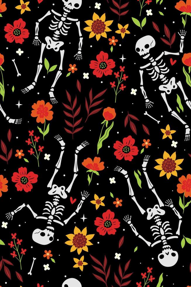 Seamless pattern with skeletons and flowers. Vector graphics.