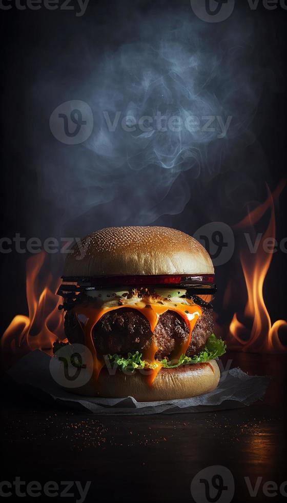 Hot and Fresh tasty delicious grilled hamburger. Ai generated. photo