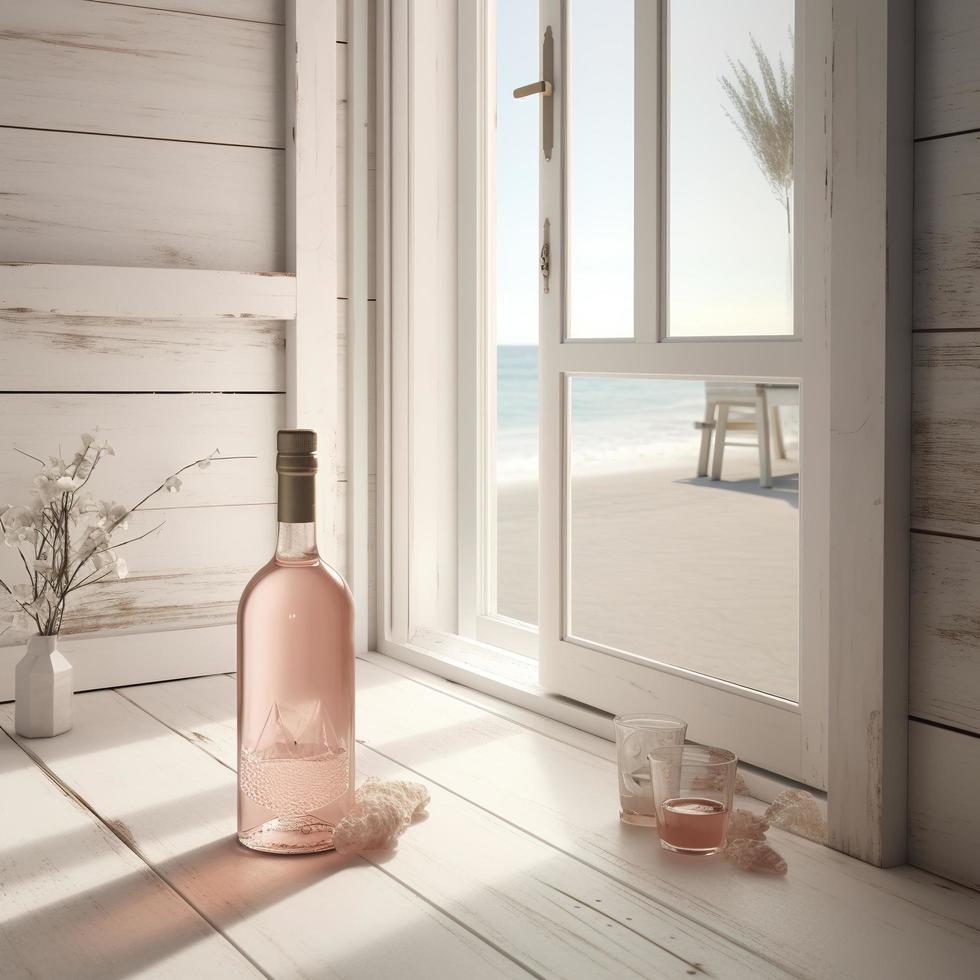 A bottle of unlabeled rose takes center stage in this beautiful and natural scene. Placed on a white wooden floor in front of an open door that leads out to the beach, generat ai photo