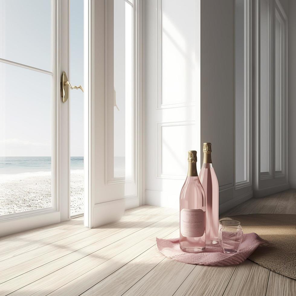 A bottle of unlabeled rose takes center stage in this beautiful and natural scene. Placed on a white wooden floor in front of an open door that leads out to the beach, generat ai photo