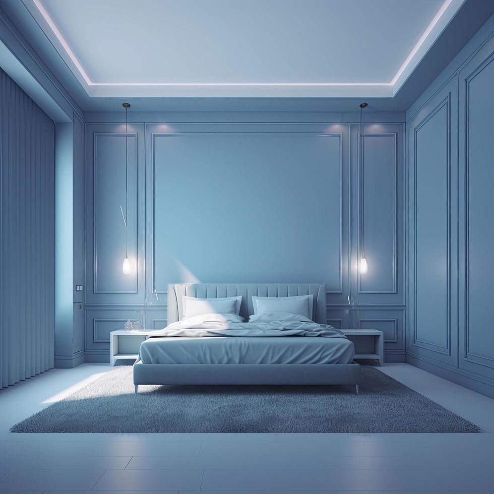 Empty modern, minimal and luxury Light Blue bedroom dynamic lighting
