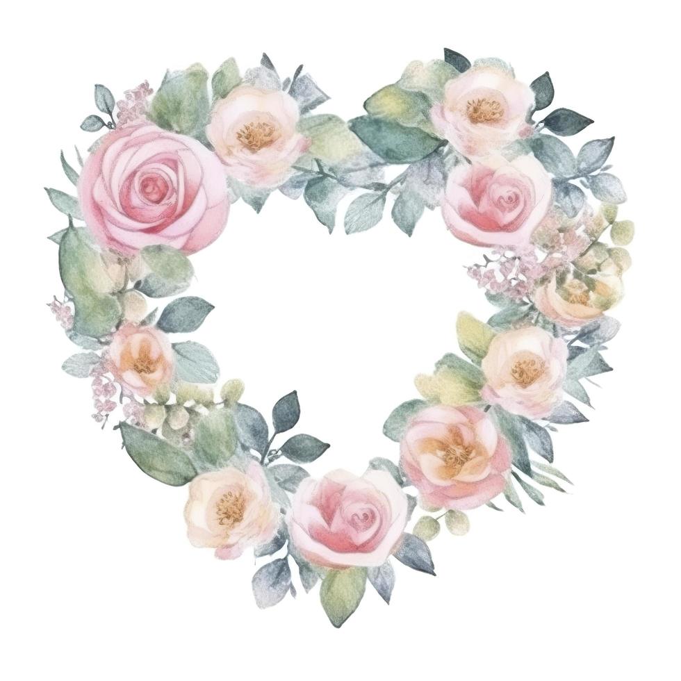 pastel, watercolor, cute and perfect rose flower and blooms, wedding decorative perfect heart frame border, white background, generat ai photo