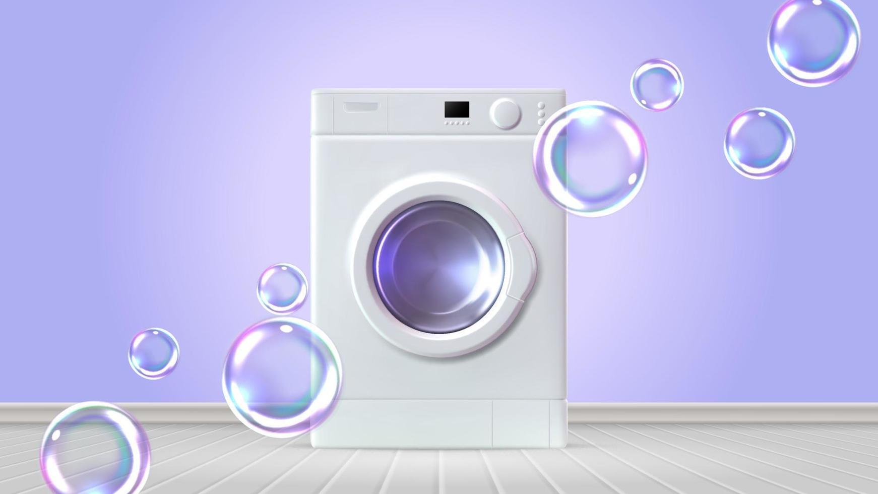 Interior with washing machine and soap bubbles. Realistic vector illustration