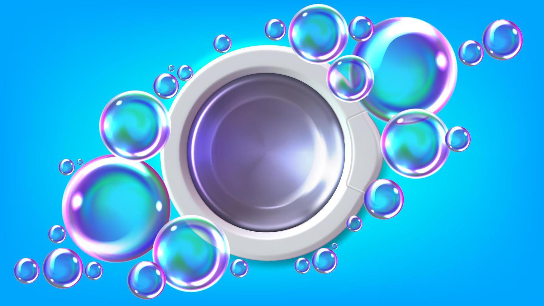 Washing machine door and soap bubbles. Detergent or laundry design. Vector illustration