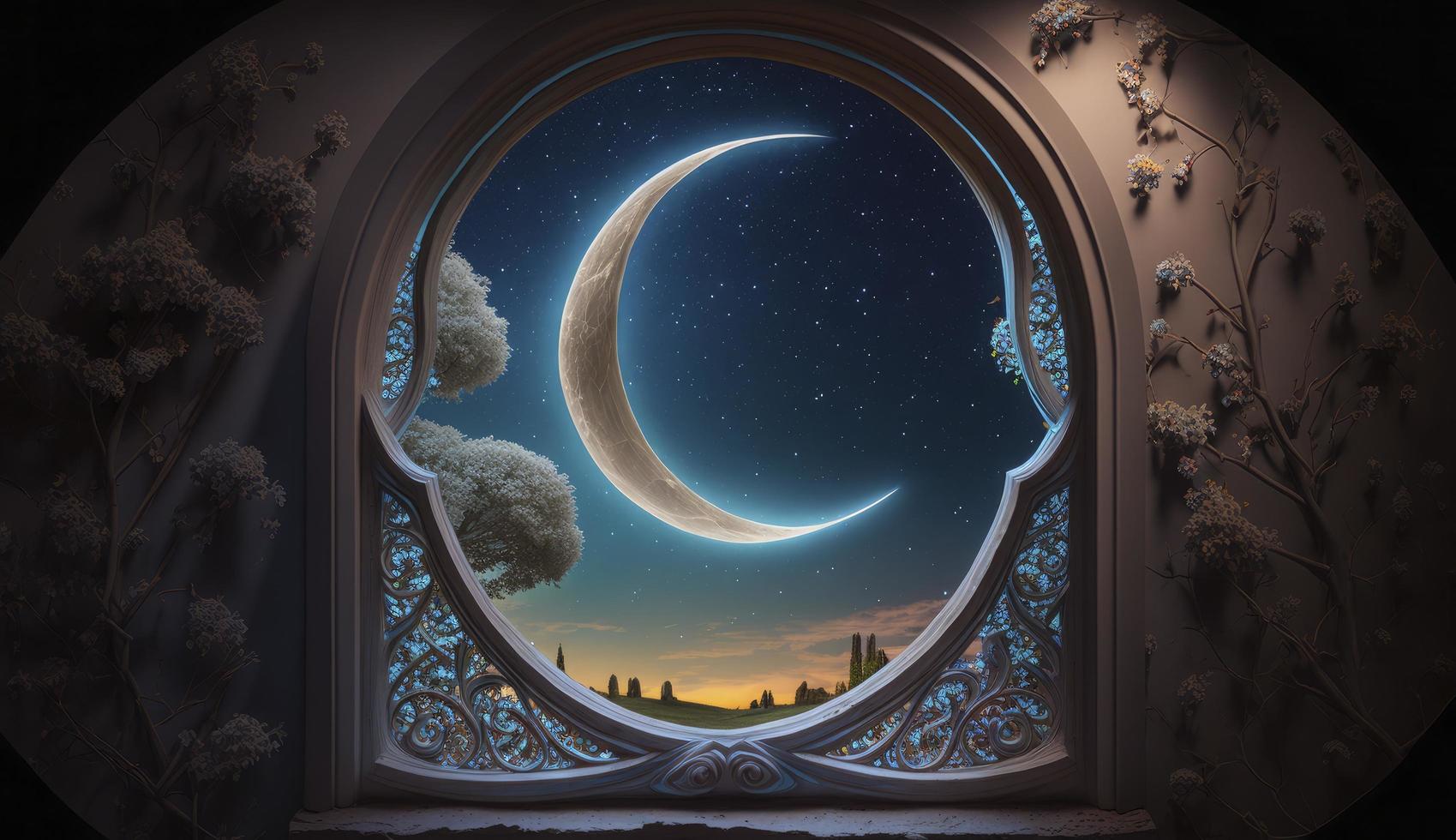 místico ventana con creciente Luna en noche cielo, islámico saludo eid Mubarak para musulmán vacaciones. eid-ul-adha festival celebracion. Arábica Ramadán Kareem, generar ai foto