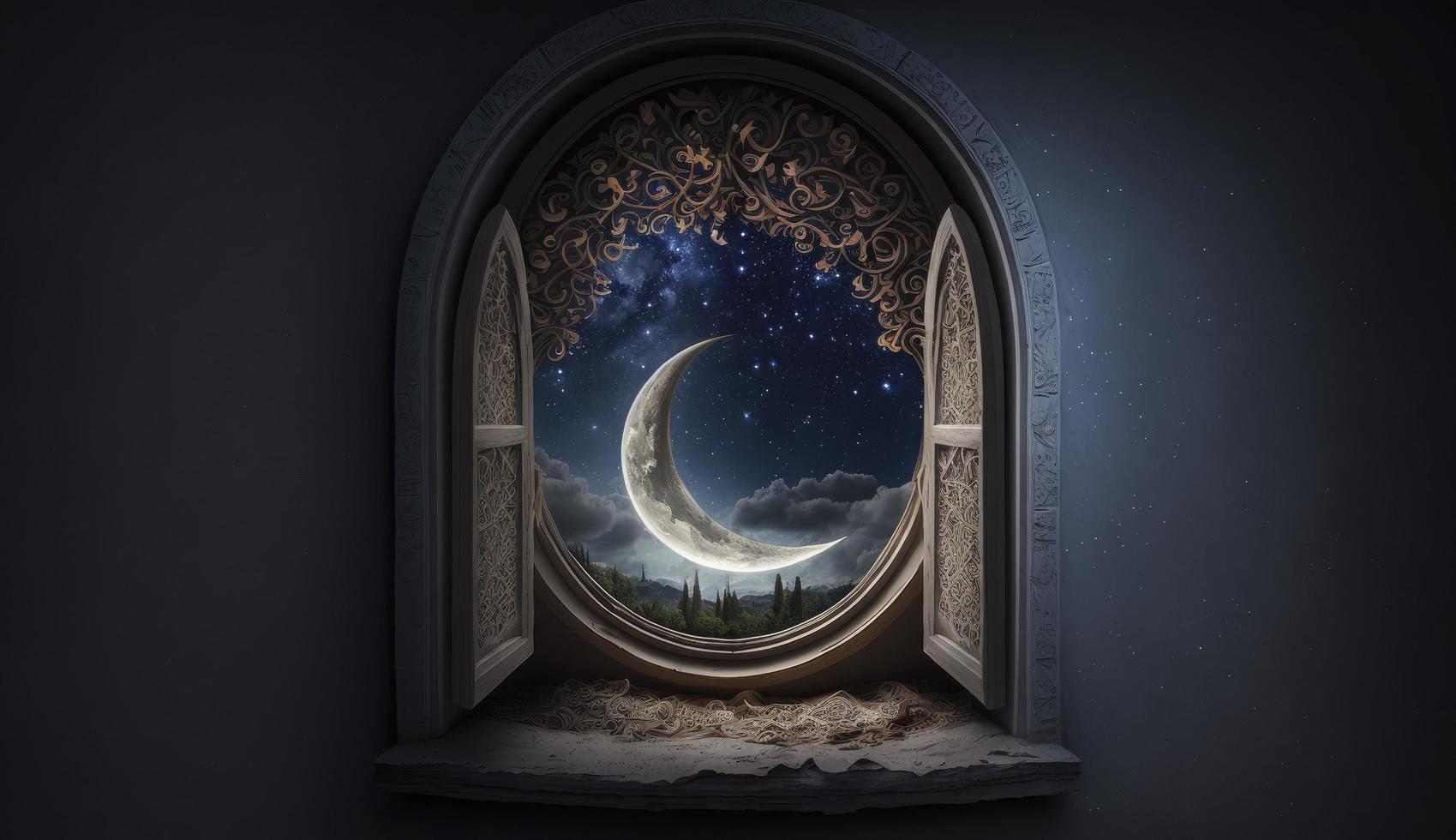 místico ventana con creciente Luna en noche cielo, islámico saludo eid Mubarak para musulmán vacaciones. eid-ul-adha festival celebracion. Arábica Ramadán Kareem, generar ai foto