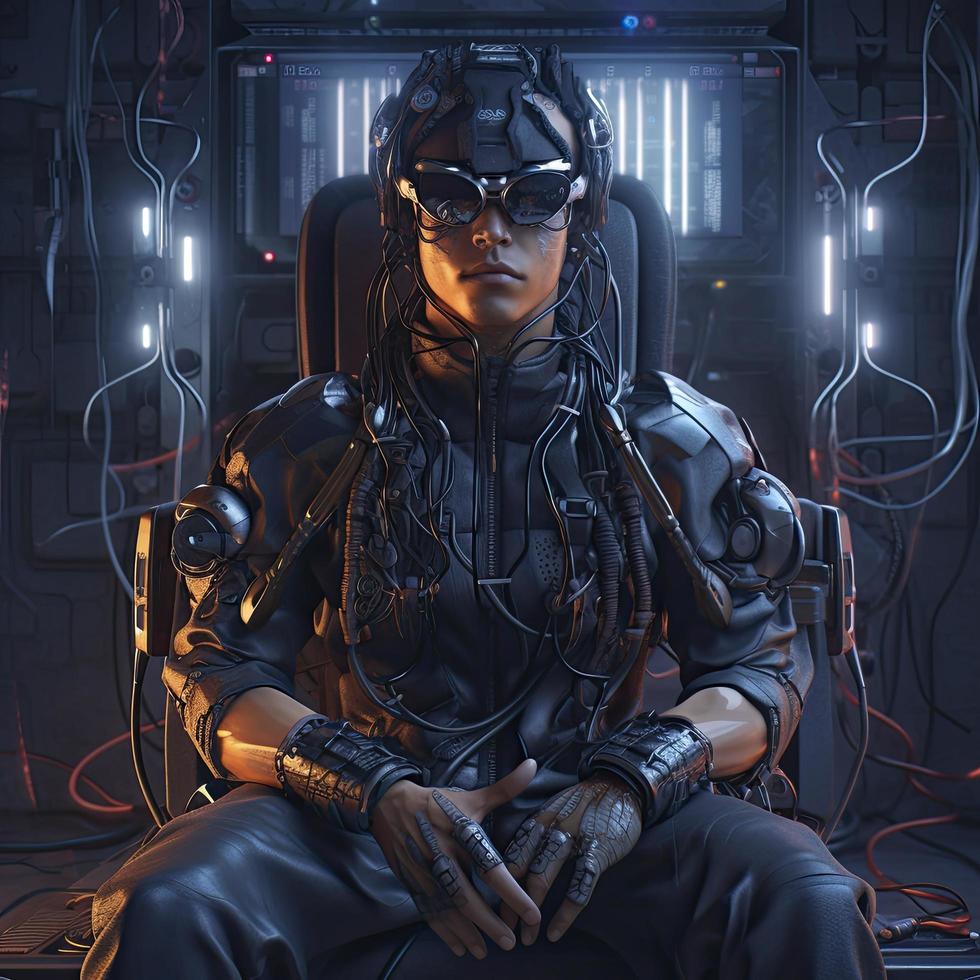 Anime portrait cyberpunk of Man cyborg with virtual reality headset connected, Generate Ai photo