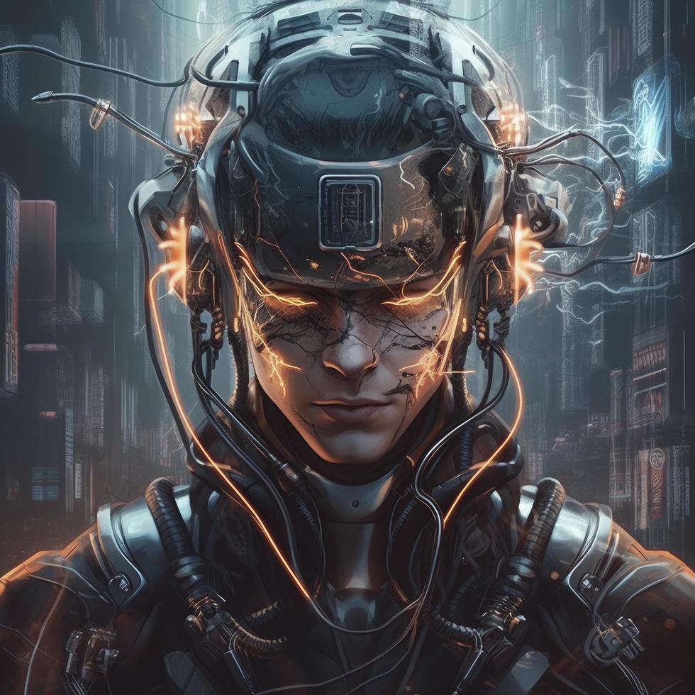 Anime portrait cyberpunk of Man cyborg with virtual reality headset connected, Generate Ai photo