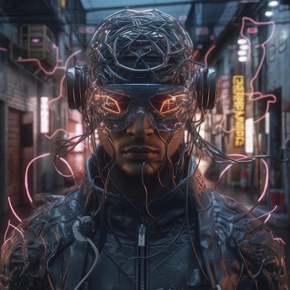 anime retrato cyberpunk de hombre cyborg con virtual realidad auriculares conectado, generar ai foto