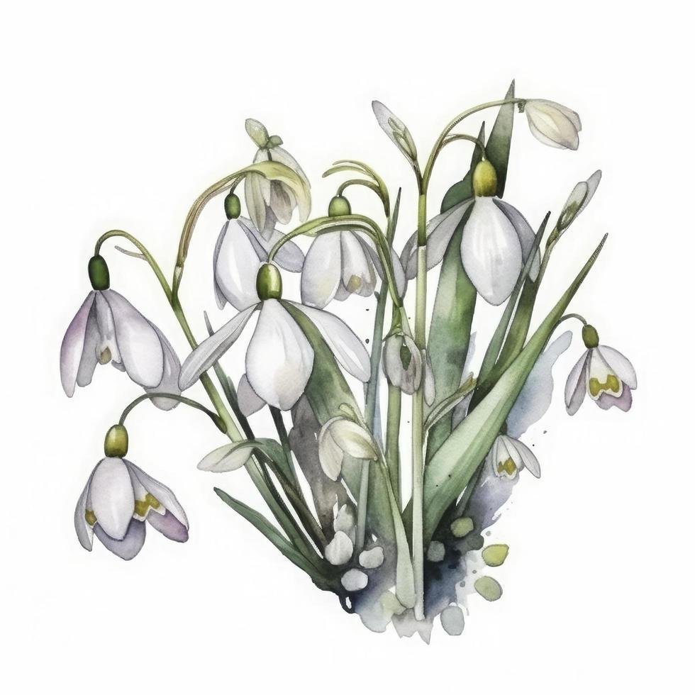 free snowdrops flowers water color, pastel ,white background , generat ai photo